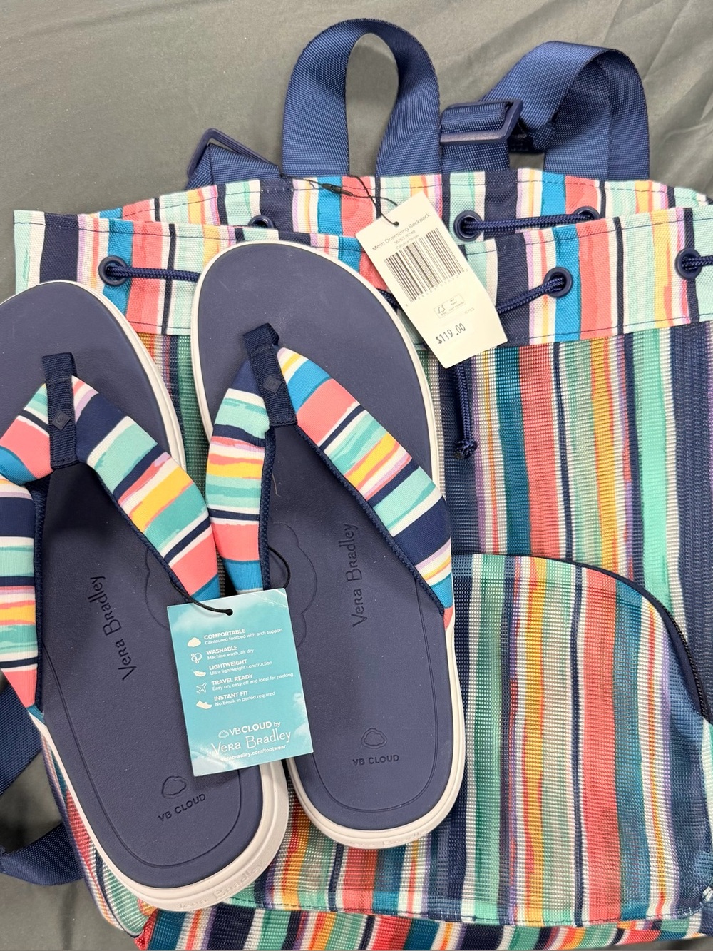 Vera Bradley Navy Flip Flops and Multicolor Striped Tote (Size 10)